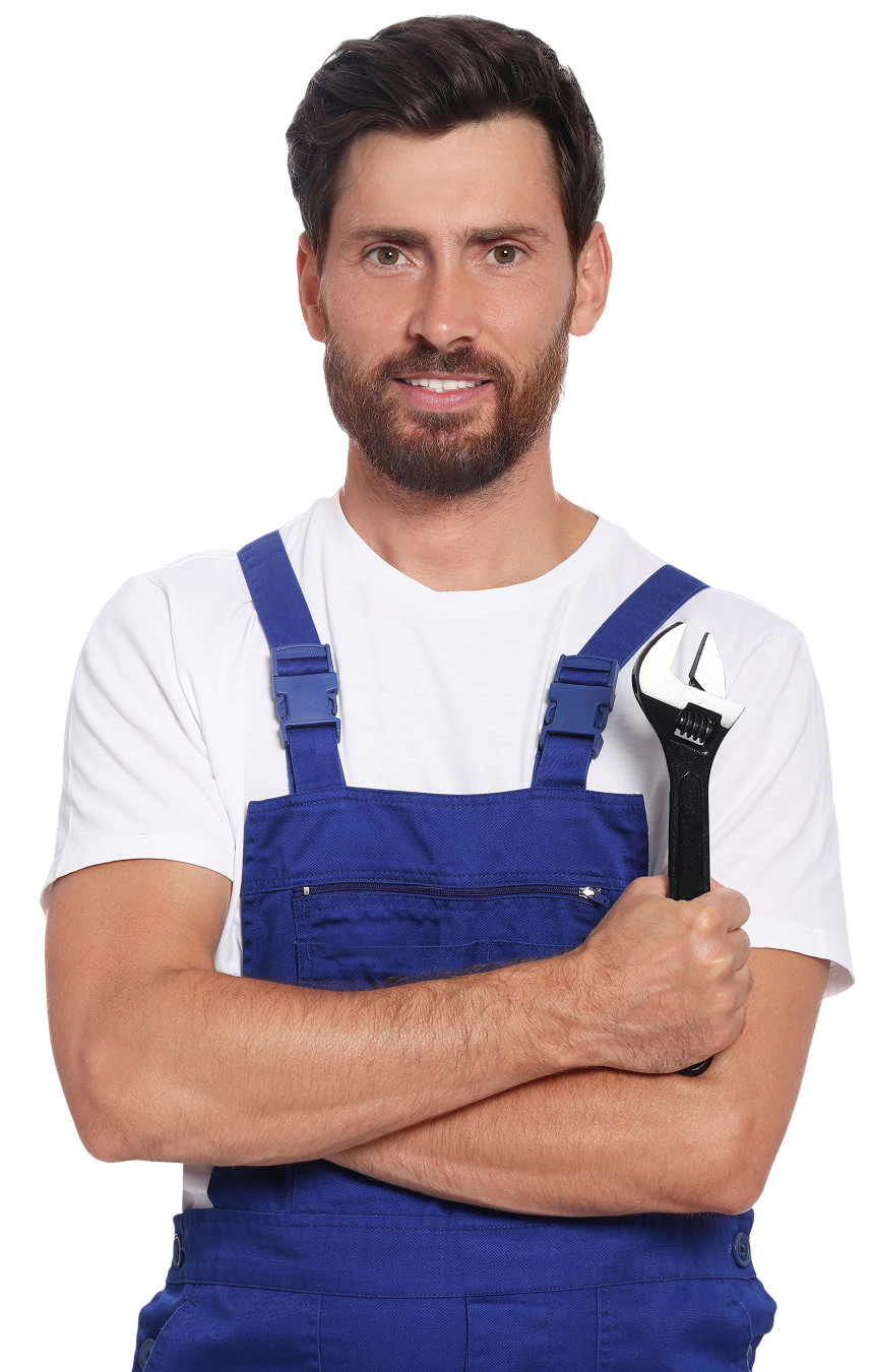 Man holding wrench in blue overalls